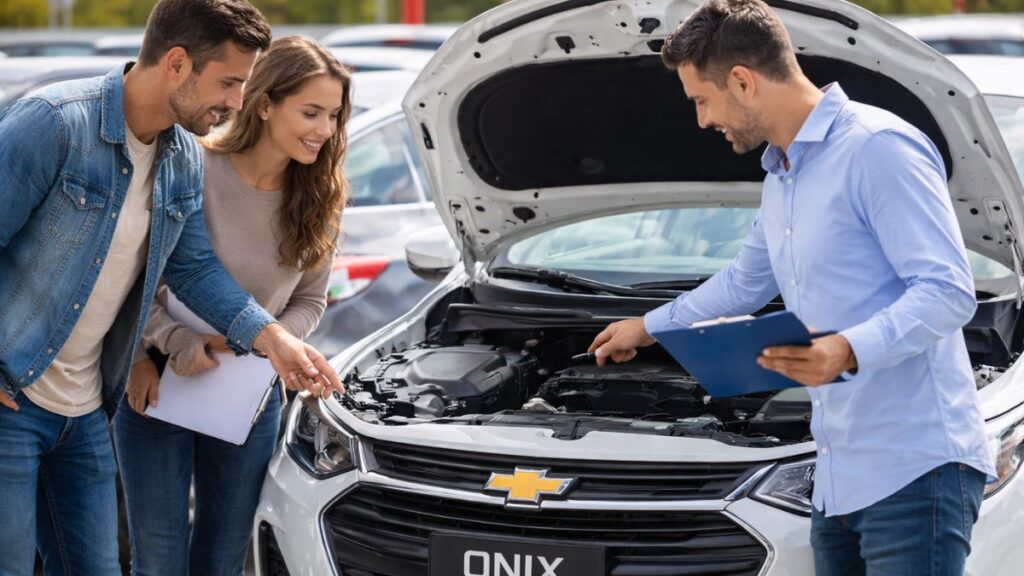 Chevrolet Onix usado sendo inspecionado por duas pessoas com o capô aberto, avaliando o motor antes da compra.