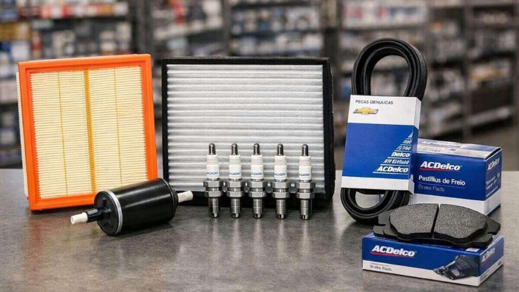 Kit de manutenção original do Chevrolet Onix 2015 com filtro de ar, filtro de combustível, filtro de cabine, velas de ignição, correia de acessórios e pastilhas de freio sobre mesa em loja de autopeças.