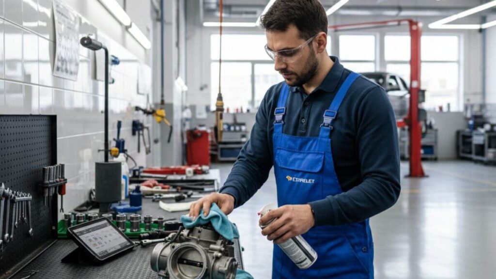 "Mecânico profissional em oficina organizada e limpa, realizando a manutenção e limpeza técnica do corpo de borboleta (TBI) de um Chevrolet Onix sobre uma bancada de ferramentas