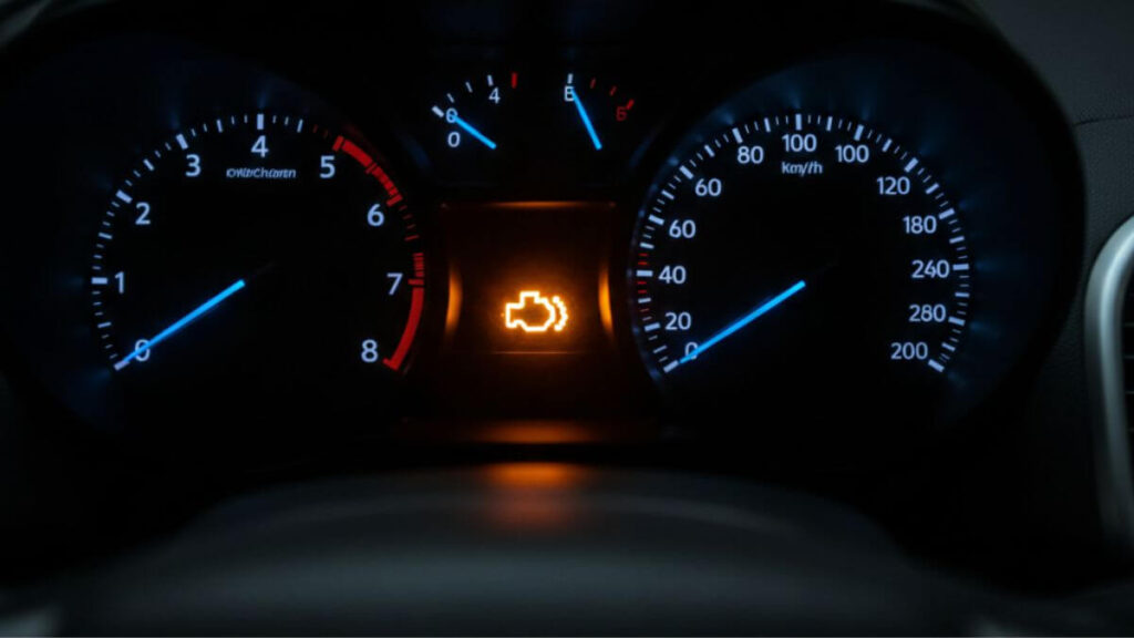 Visão aproximada do painel de instrumentos de um Chevrolet Onix à noite, com destaque central para a luz espia da injeção eletrônica (ícone de motor) acesa na cor âmbar