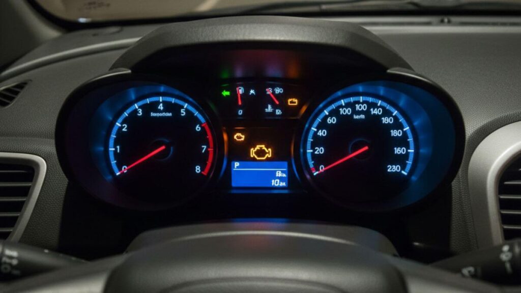 Visão do motorista em um Chevrolet Onix à noite. O painel de instrumentos está iluminado em azul, com o velocímetro e conta-giros visíveis. No centro do painel, a luz espia da injeção eletrônica (ícone de motor) está brilhando intensamente na cor laranja, indicando uma anomalia no sistema.