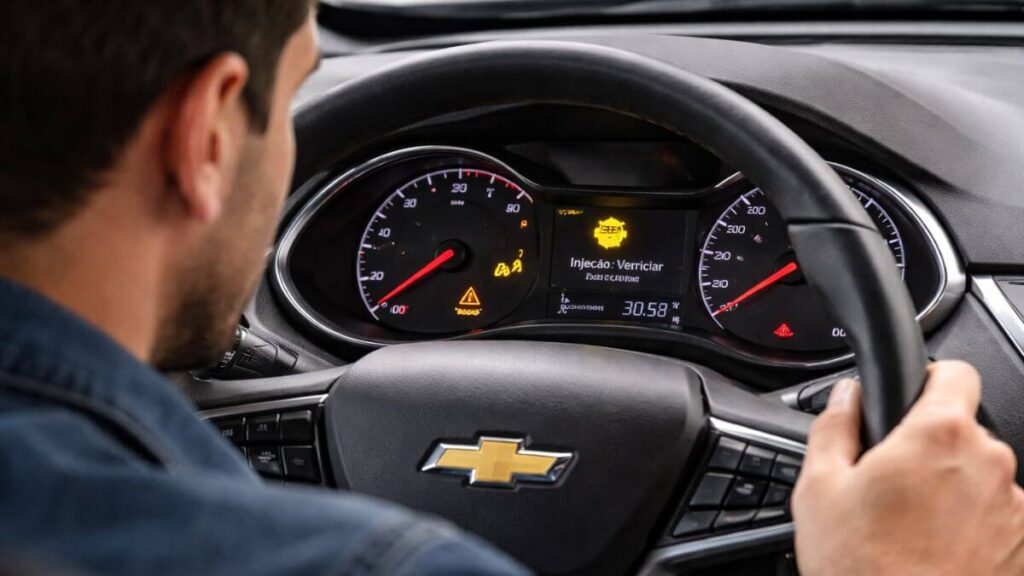 Painel do Chevrolet Onix com luz da injeção acesa enquanto motorista observa o painel