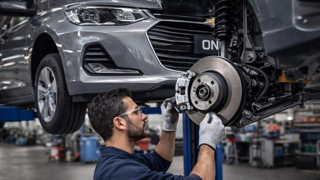 Chevrolet Onix em elevador automotivo com mecânico realizando manutenção no sistema de freio dianteiro, com foco no disco e na pinça de freio.