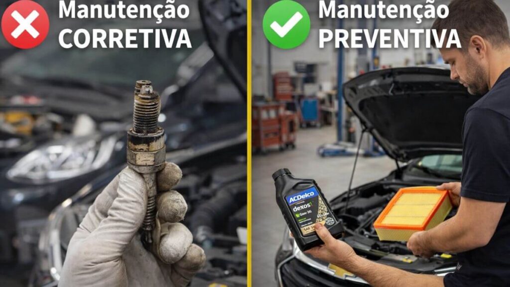 Comparação entre manutenção preventiva e manutenção corretiva no Chevrolet Onix mostrando troca de peças antes e depois do desgaste