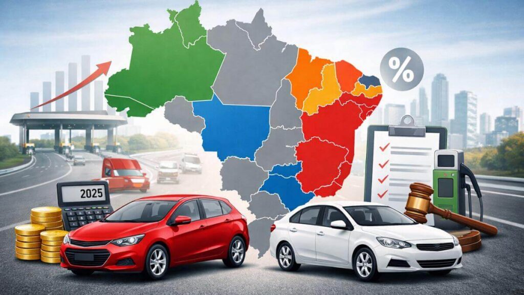 Mapa do Brasil destacando as alíquotas estaduais do IPVA e o impacto no custo dos veículos como o Chevrolet Onix