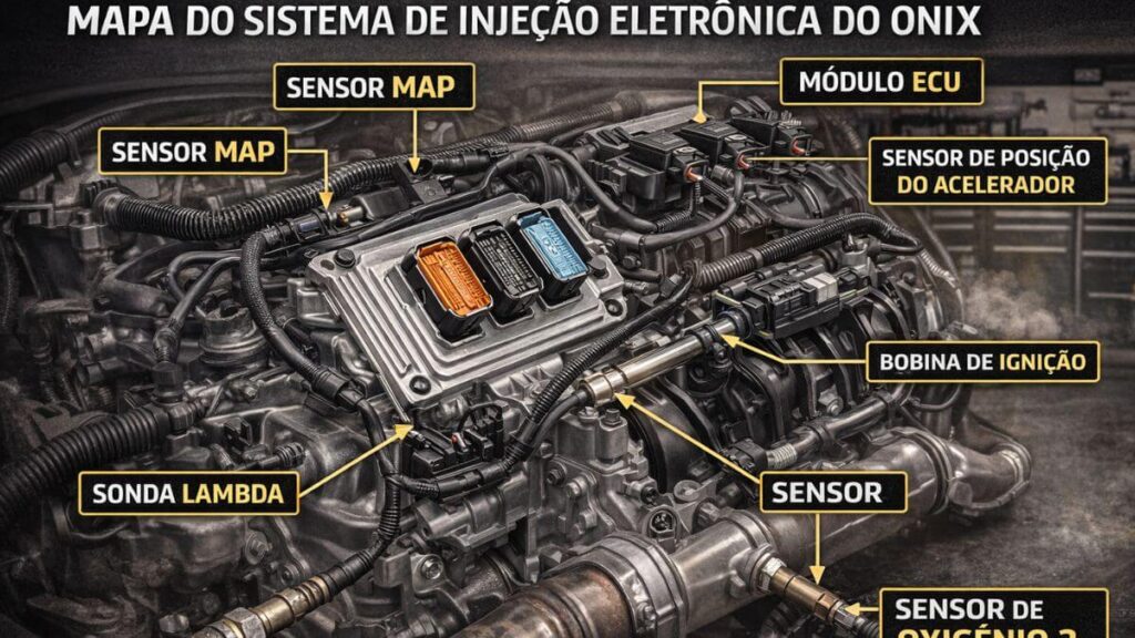 Mapa dos sensores da injeção eletrônica do Chevrolet Onix indicando posição da sonda lambda, MAP e bobina