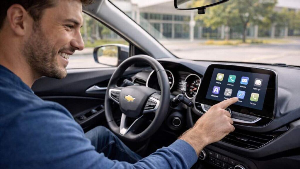 Multimídia do Chevrolet Onix no painel com motorista ligando o sistema e sorrindo