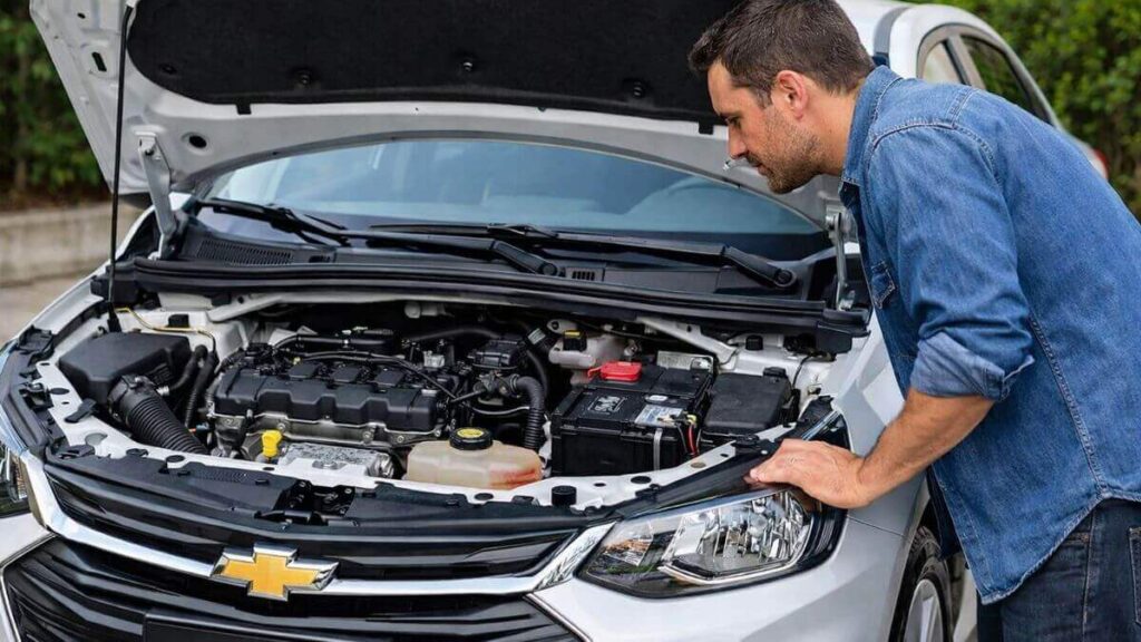 Homem observando o motor do Chevrolet Onix com o capô aberto para identificar defeitos sem scanner