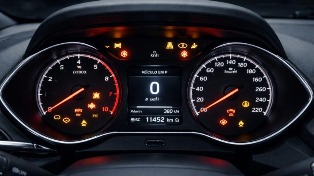 Painel do Chevrolet Onix com todas as luzes de advertência acesas