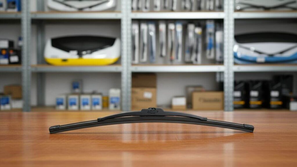 Paleta limpadora de para-brisa preta para Chevrolet Onix sobre balcão de madeira em loja de peças automotivas, com prateleiras ao fundo.