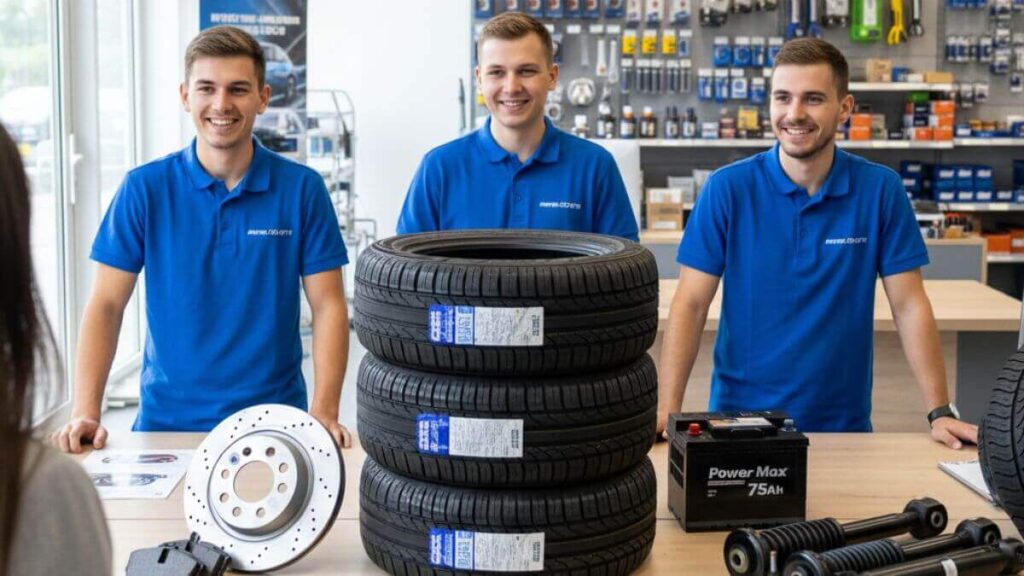 Três atendentes sorridentes em uniformes azuis atrás de um balcão de madeira em uma loja de autopeças. Sobre o balcão, estão dispostos itens novos e de alta qualidade: uma pilha de pneus, um disco de freio ventilado com pastilhas, uma bateria automotiva de 75Ah e um par de amortecedores pretos. O ambiente é iluminado, moderno e organizado, com prateleiras de peças ao fundo.
