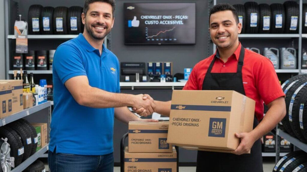 Homem sorridente apertando a mão de um vendedor em uma loja de autopeças, segurando caixas de peças originais para Chevrolet Onix. Ao fundo, prateleiras com pneus e componentes automotivos.