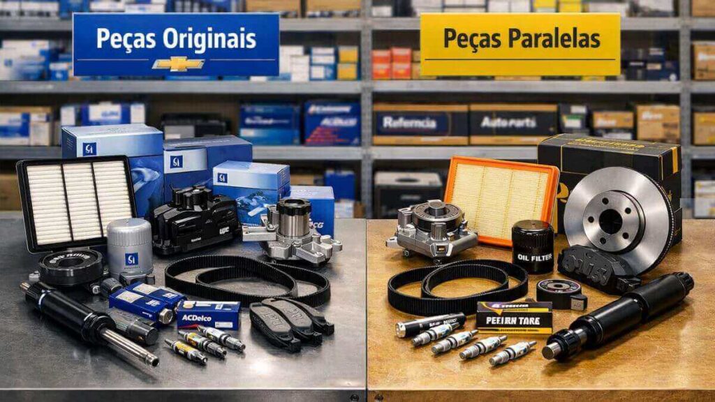 Peças originais e peças paralelas de qualidade para Chevrolet Onix organizadas em mesa de loja automotiva