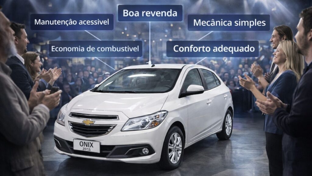 Chevrolet Onix 2015 em evento de lançamento com público aplaudindo e destaques para manutenção acessível, boa revenda, mecânica simples, economia de combustível e conforto adequado.