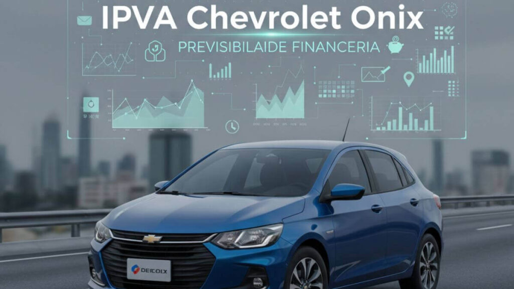 Chevrolet Onix azul em uma estrada, com uma interface digital sobreposta exibindo gráficos financeiros, ícones de planejamento e o texto 'IPVA Chevrolet Onix - Previsibilidade Financeira', representando o controle de gastos com o imposto.