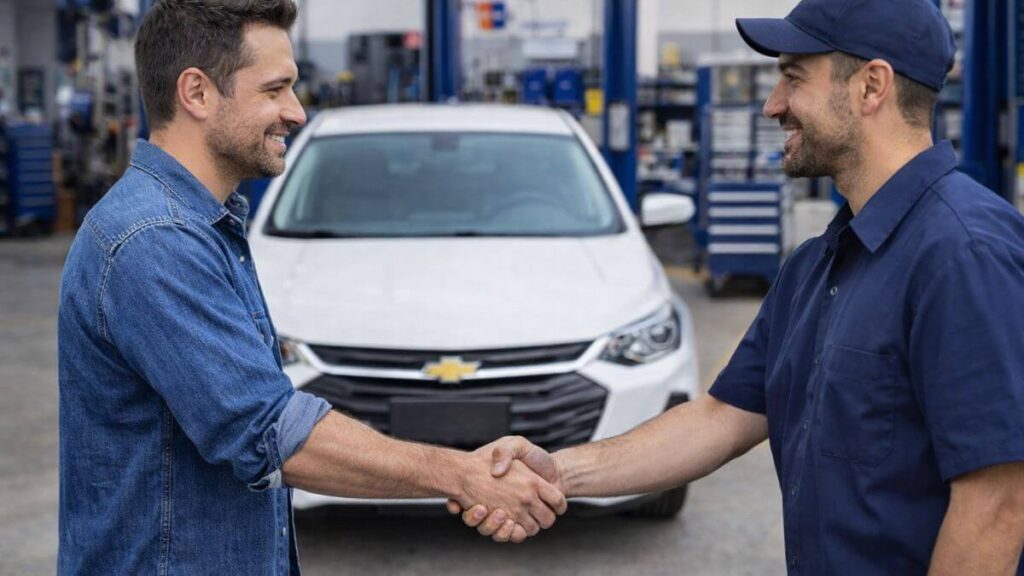 Dono do Chevrolet Onix apertando a mão do mecânico na oficina com o carro ao fundo