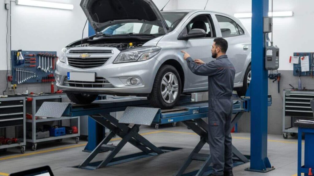 Um Chevrolet Onix prata elevado em uma plataforma de oficina mecânica moderna, com um técnico realizando inspeção e um selo no canto inferior sobre revisão periódica.