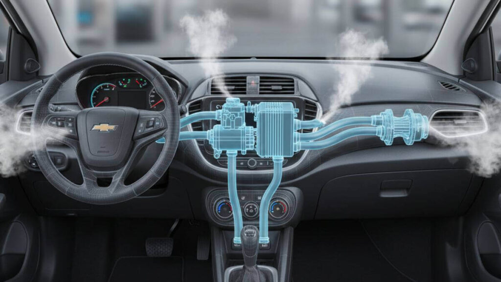 sistema de ar condicionado do carro sendo mostrado.