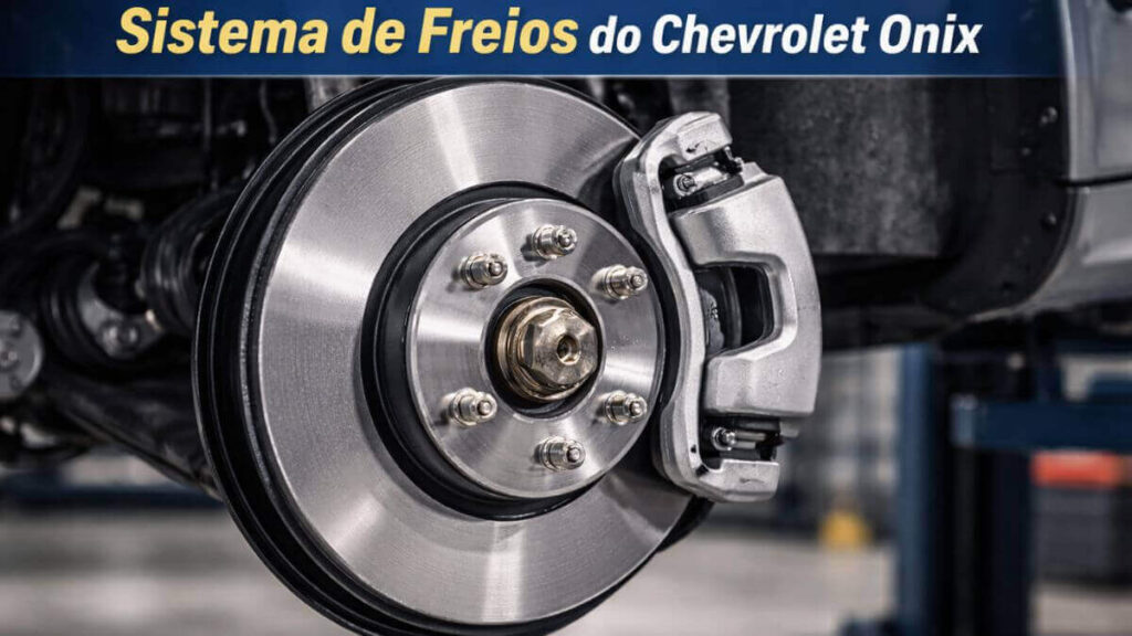 Disco e pinça do sistema de freios do Chevrolet Onix em detalhe em oficina automotiva