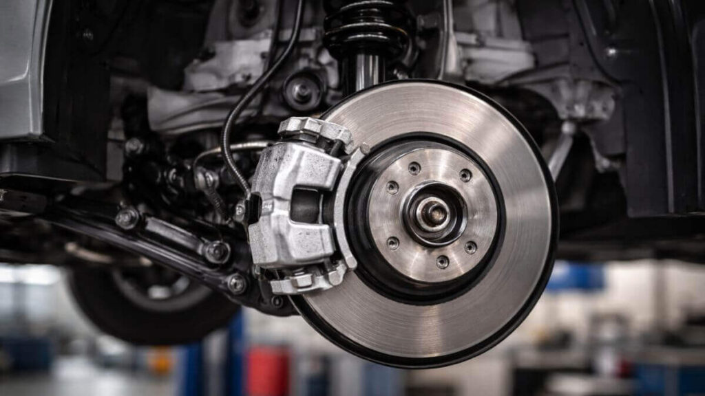 Sistema de freio do Chevrolet Onix com disco ventilado e pinça de freio em destaque durante manutenção.