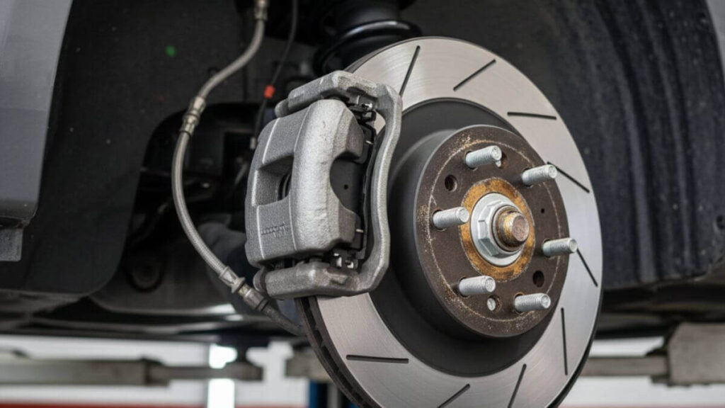 Vista técnica de um disco de freio ventilado e pinça de um Chevrolet Onix em um elevador de oficina, com selo 'Freios ABS' no canto inferior