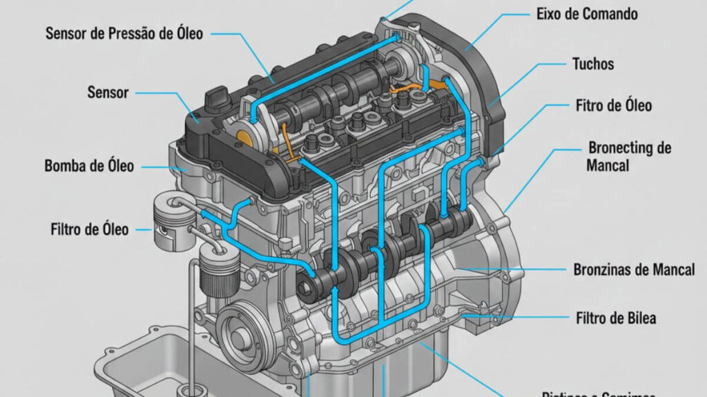Infográfico técnico em 3D mostrando o sistema de lubrificação do motor de um Chevrolet Onix 2015. O desenho detalha o caminho do óleo com linhas azuis, destacando componentes como o cárter, bomba de óleo, filtro, eixo de comando, tuchos e bronzinas de mancal. O fundo é cinza claro e há rótulos indicativos em cada peça principal.