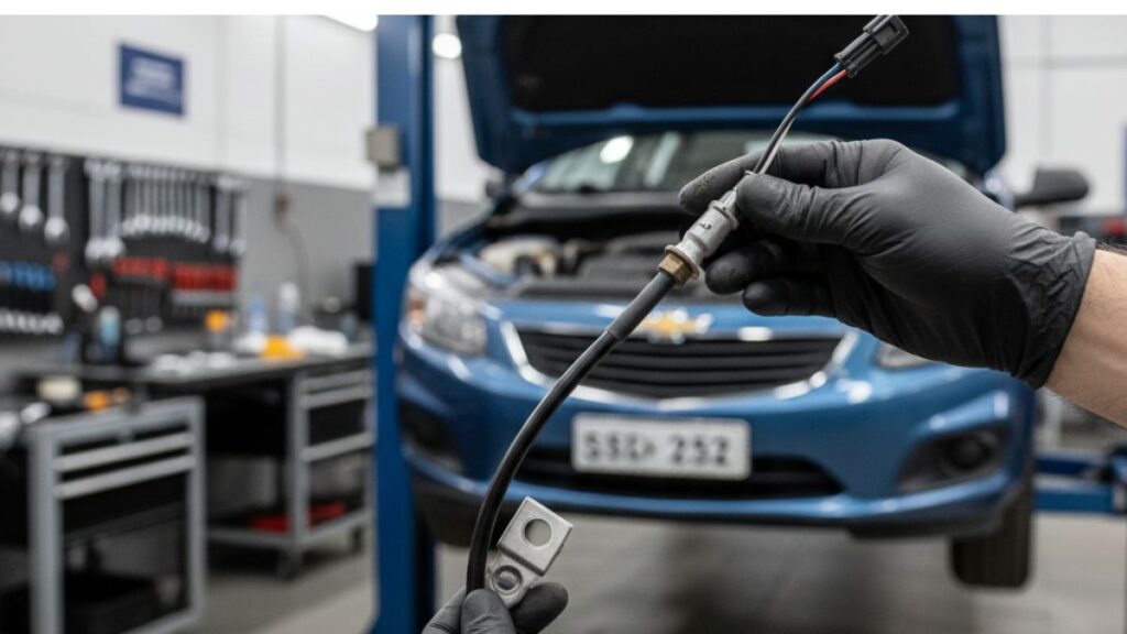"Mãos de um mecânico usando luvas pretas segurando uma sonda lambda (sensor de oxigênio) em primeiro plano, com um Chevrolet Onix azul ao fundo em uma oficina mecânica profissional."
