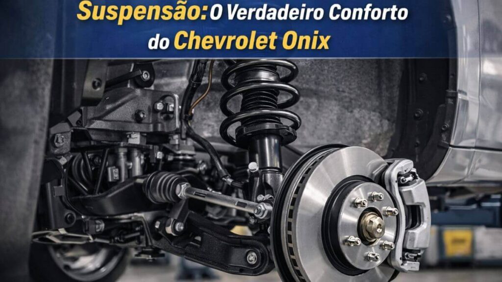 Suspensão dianteira do Chevrolet Onix com amortecedor, mola e disco de freio em destaque