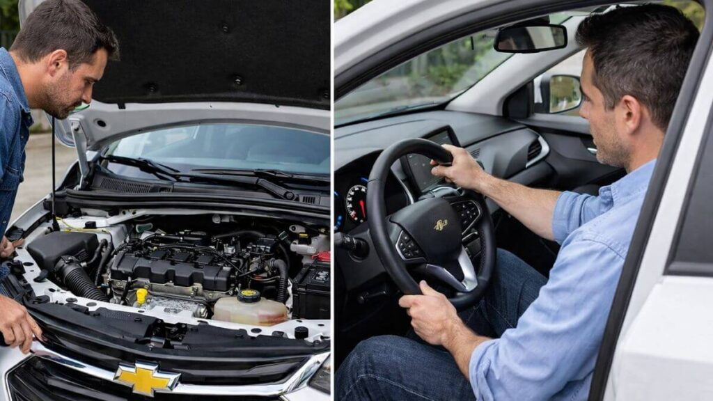 Teste de aceleração rápida no Chevrolet Onix com capô aberto enquanto um motorista acelera e outro observa o motor