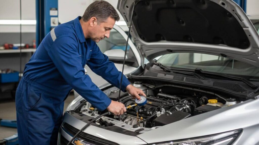 Um Chevrolet Onix prata 2015 dentro de uma oficina mecânica organizada. Um mecânico está debruçado sobre o motor aberto, utilizando um manômetro para realizar o teste de compressão dos cilindros.