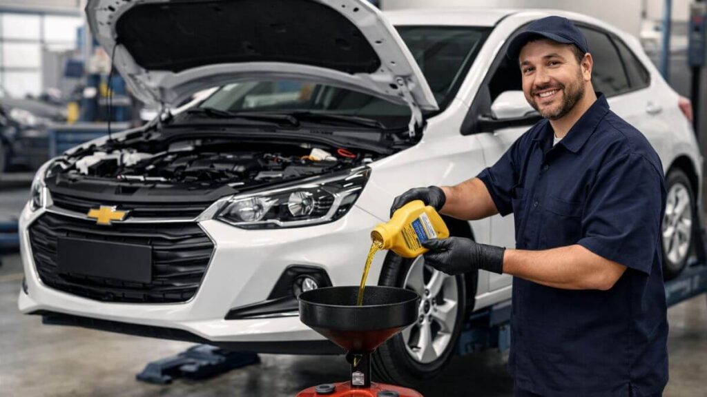 Chevrolet Onix em oficina durante troca de óleo do motor com mecânico sorrindo