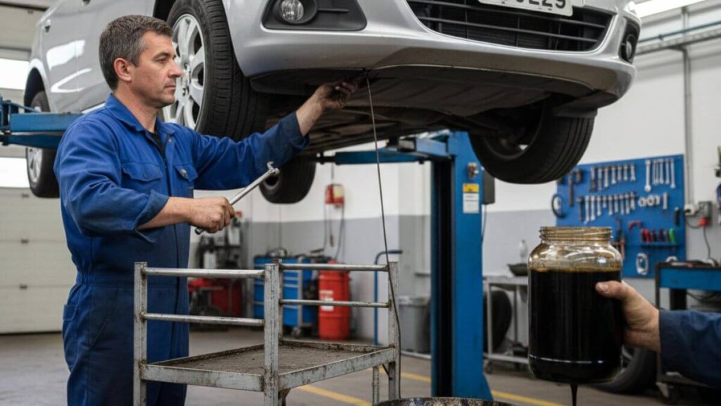 Um Chevrolet Onix branco elevado em um elevador automotivo dentro de uma oficina. Um mecânico de macacão azul realiza a troca de óleo, enquanto em primeiro plano uma mão segura um frasco de vidro contendo um óleo preto, espesso e visivelmente degradado, contrastando com o ambiente limpo da oficina. No topo, há uma faixa preta com o texto: 'TROCA DE ÓLEO - CHEVROLET ONIX 2015'