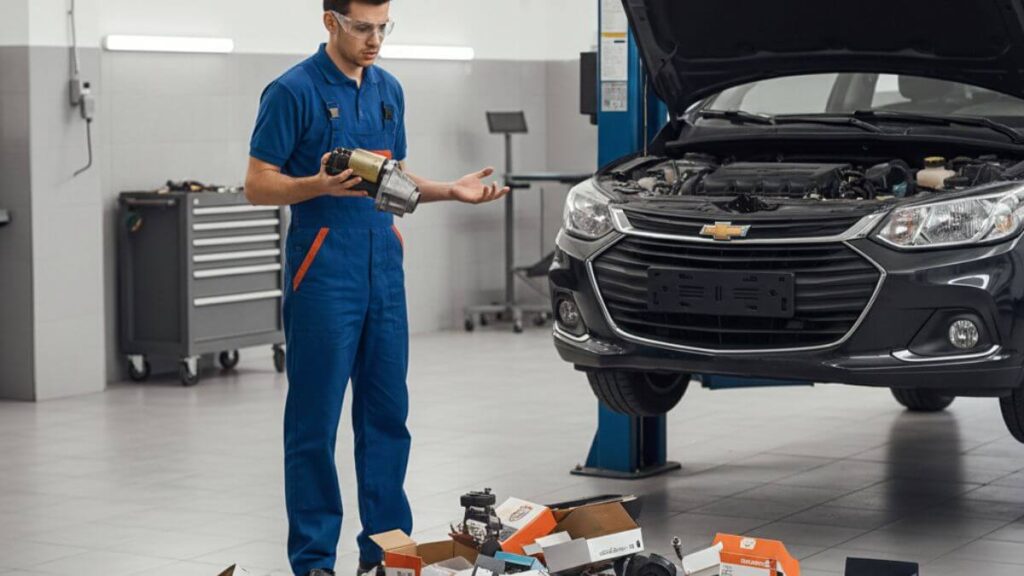 Mecânico em uma oficina moderna olhando confuso para uma pilha de peças novas e usadas no chão ao lado de um Chevrolet Onix, ilustrando a prática de trocar componentes sem um diagnóstico preciso.