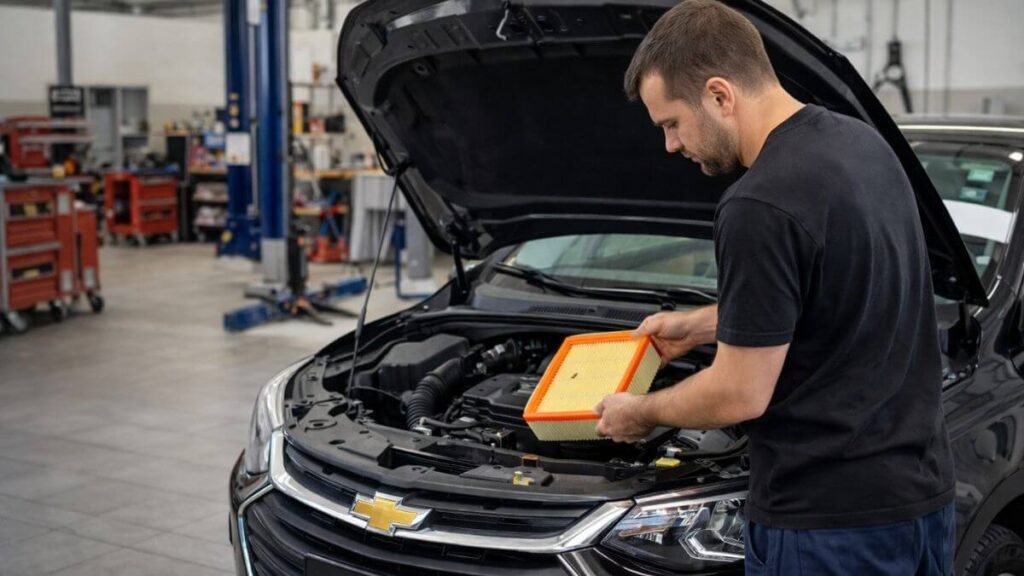Mecânico realizando a troca do filtro de ar do motor do Chevrolet Onix em oficina limpa e organizada