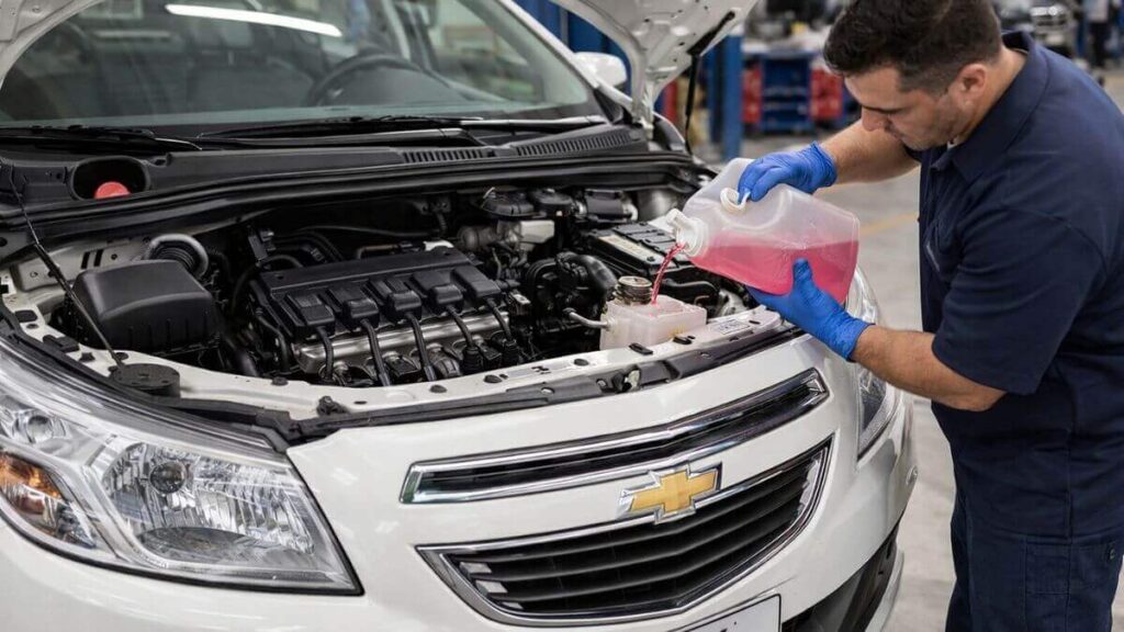 Mecânico realizando a troca do líquido de arrefecimento no Chevrolet Onix 2015 com capô aberto em oficina automotiva.