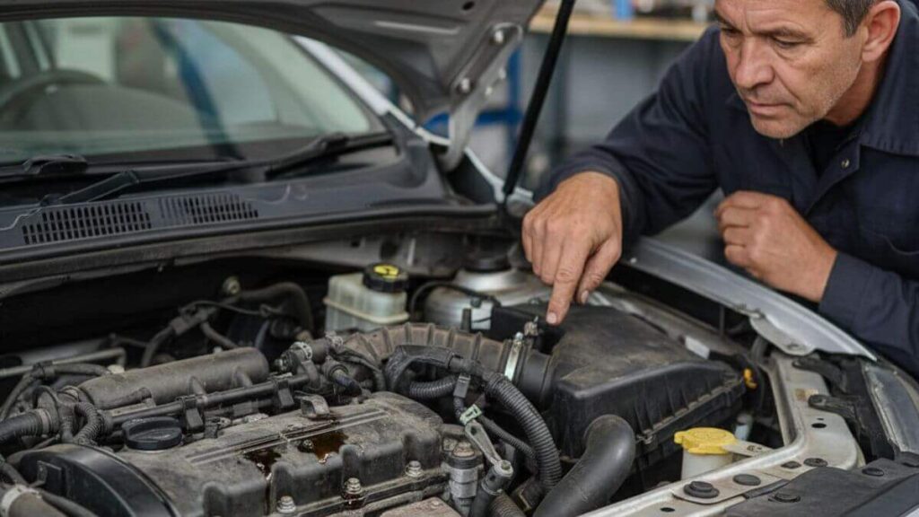 Close do motor de um Chevrolet Onix 2015 com o capô aberto. Um mecânico experiente aponta para manchas de óleo sobre a tampa de válvulas, indicando vazamentos leves causados por juntas ressecadas. A imagem detalha o acúmulo de sujeira e óleo típico de veículos com alta quilometragem.