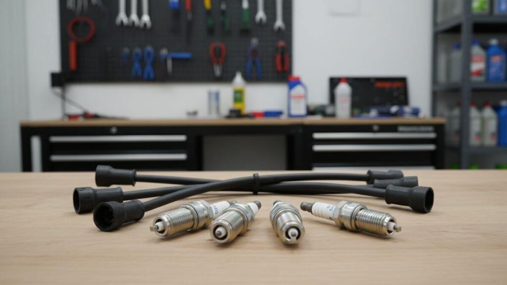 Velas de ignição e cabos de vela pretos sobre mesa de madeira em oficina mecânica organizada.