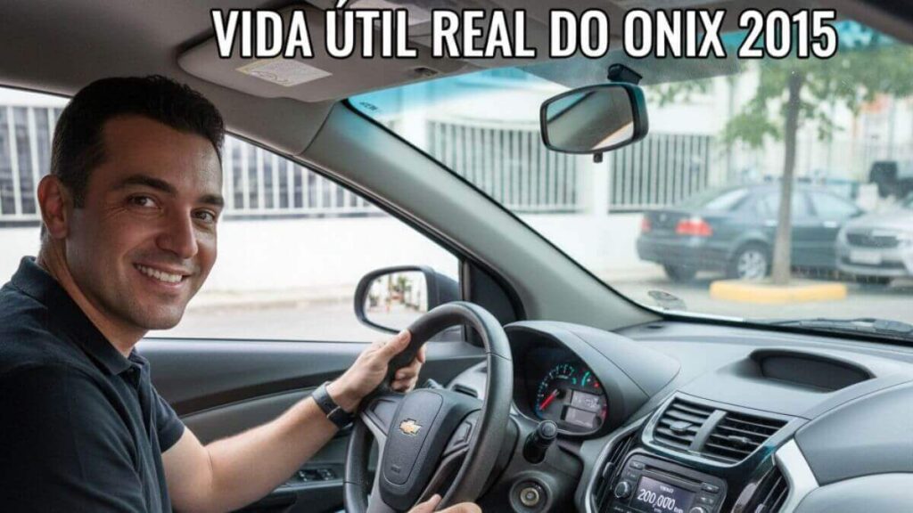 "Interior de um Chevrolet Onix 2015 em ótimo estado de conservação. Um homem de meia-idade sorri ao volante, olhando para o painel que indica a marca de 200.000 km rodados. No topo da imagem, o texto em letras brancas diz: 'VIDA ÚTIL REAL DO ONIX 2015'. A iluminação é natural e profissional.