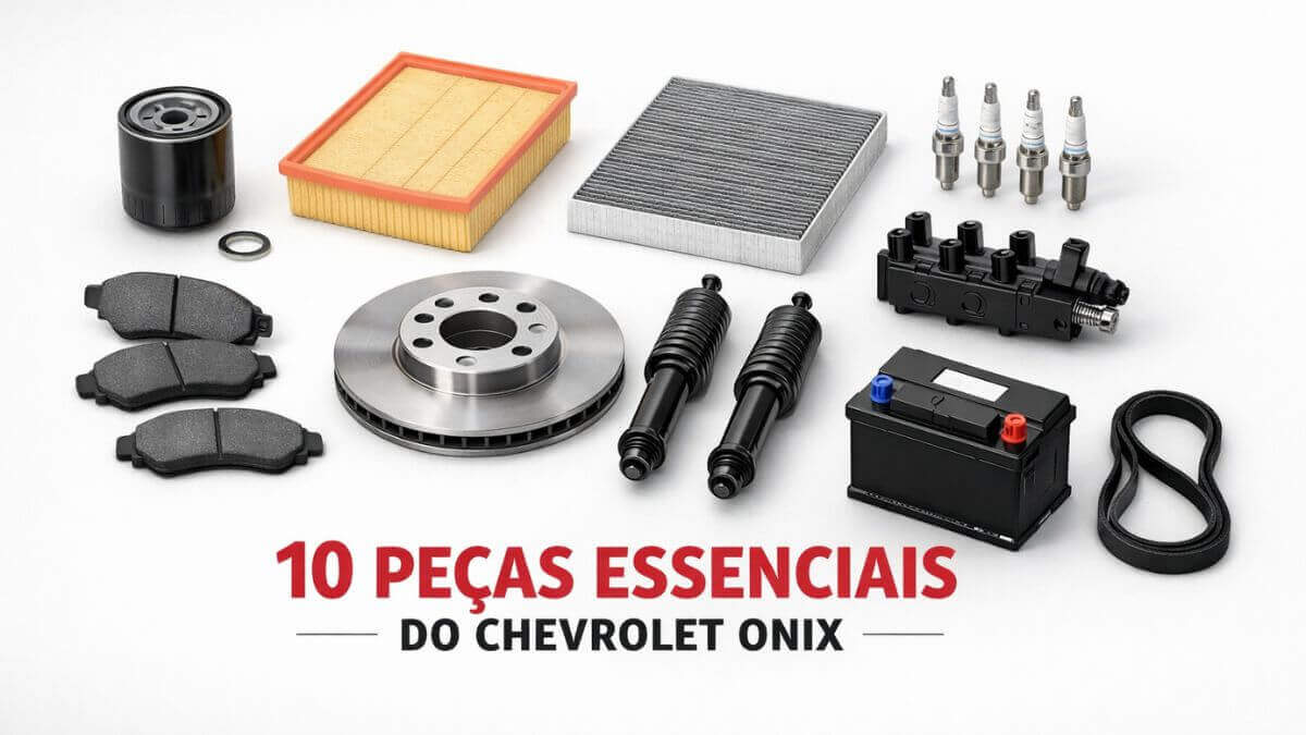 10 peças essenciais do Chevrolet Onix como filtro de óleo, filtro de ar, velas, bobina, pastilhas e disco de freio, amortecedores, bateria e correia de acessórios.