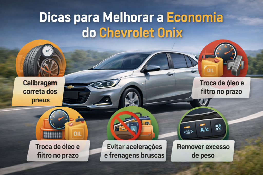 magem profissional do Chevrolet Onix moderno com dicas práticas para melhorar a economia de combustível: calibragem correta dos pneus, troca de óleo e filtro no prazo, evitar acelerações e frenagens bruscas, remover excesso de peso e uso consciente do ar-condicionado. Ícones e gráficos sutis ilustram cada dica.