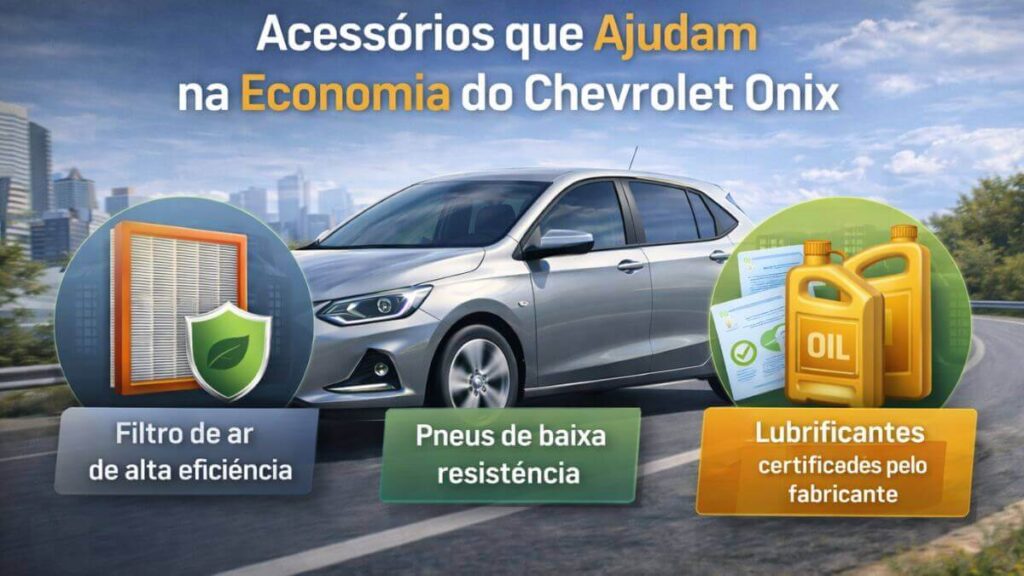 Imagem profissional do Chevrolet Onix moderno destacando acessórios que ajudam na economia de combustível: filtro de ar de alta eficiência, pneus de baixa resistência ao rolamento e lubrificantes certificados pelo fabricante. Ícones sutis ilustram cada acessório e o carro aparece centralizado em estrada aberta.