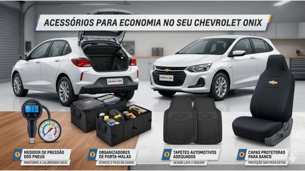 Infográfico com acessórios para Chevrolet Onix: medidor de pressão, organizador de porta-malas, tapetes e capas de banco.