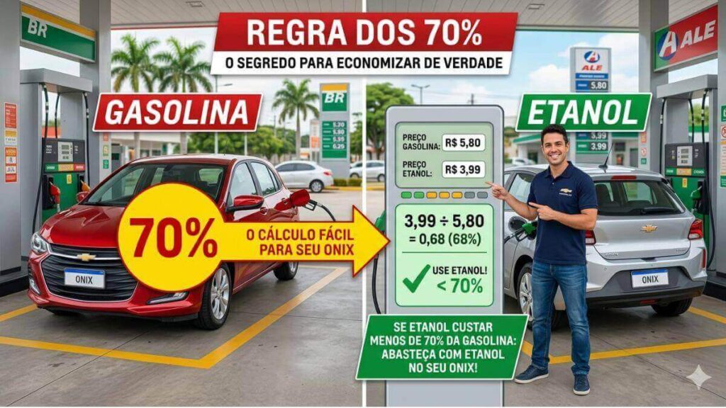 Cálculo da regra dos 70% para economia de combustível no Chevrolet Onix.