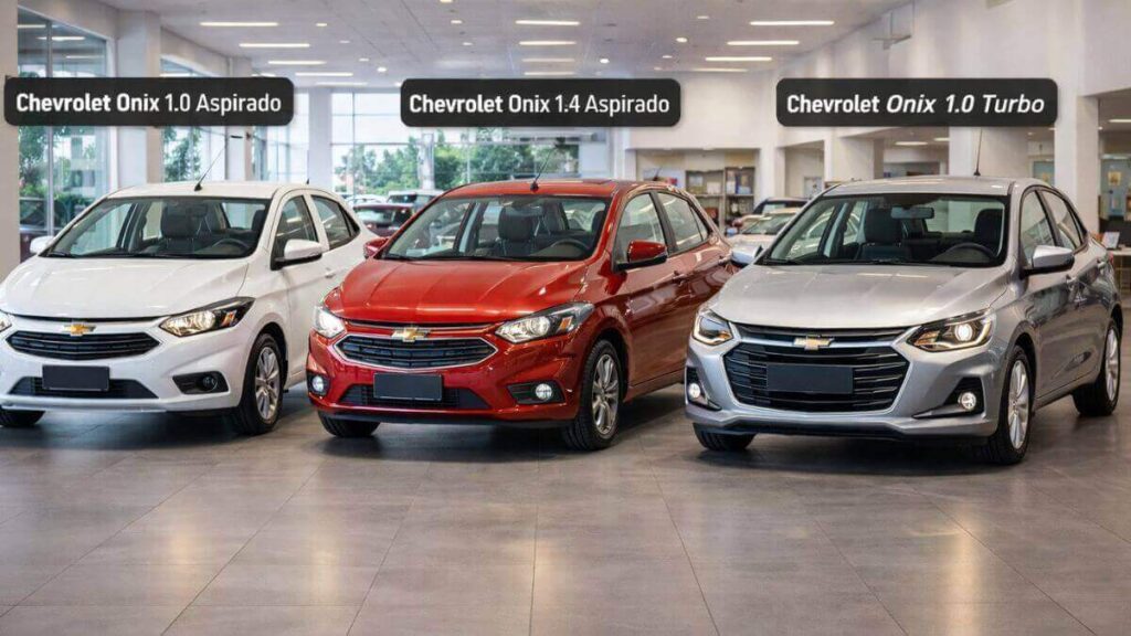 Chevrolet Onix 1.0 aspirado, 1.4 aspirado e 1.0 Turbo até 2019 expostos em salão automotivo moderno e organizado