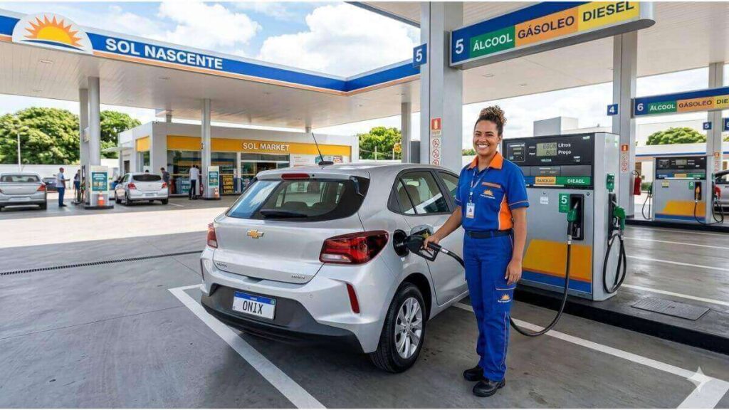 Fretista sorrindo abastece Chevrolet Onix prata em posto de combustível ensolarado.