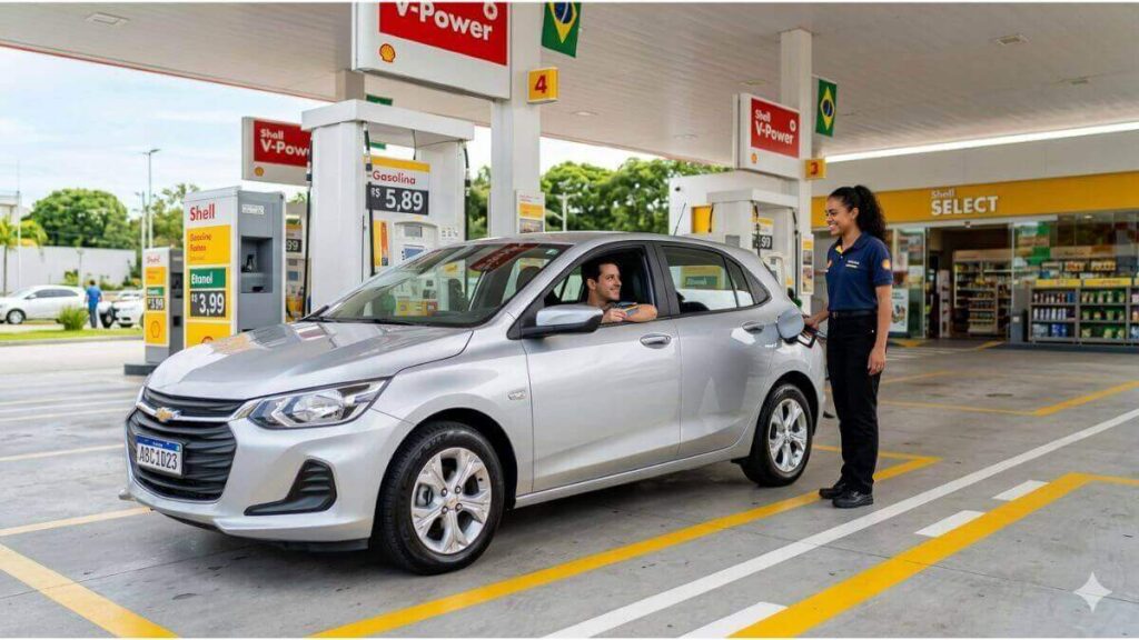 Atendente de posto sorrindo enquanto abastece um Chevrolet Onix prata em um ambiente limpo e organizado.