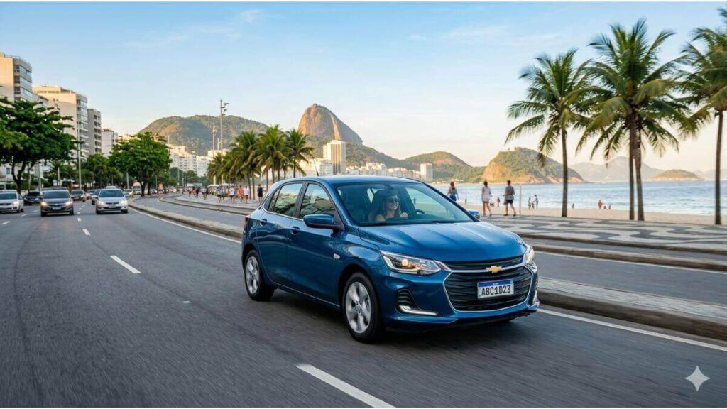 Fotografia em movimento de um Chevrolet Onix azul metálico rodando tranquilamente pela Avenida Atlântica em Copacabana, Rio de Janeiro, com o calçadão e o mar ao fundo em um dia de sol.