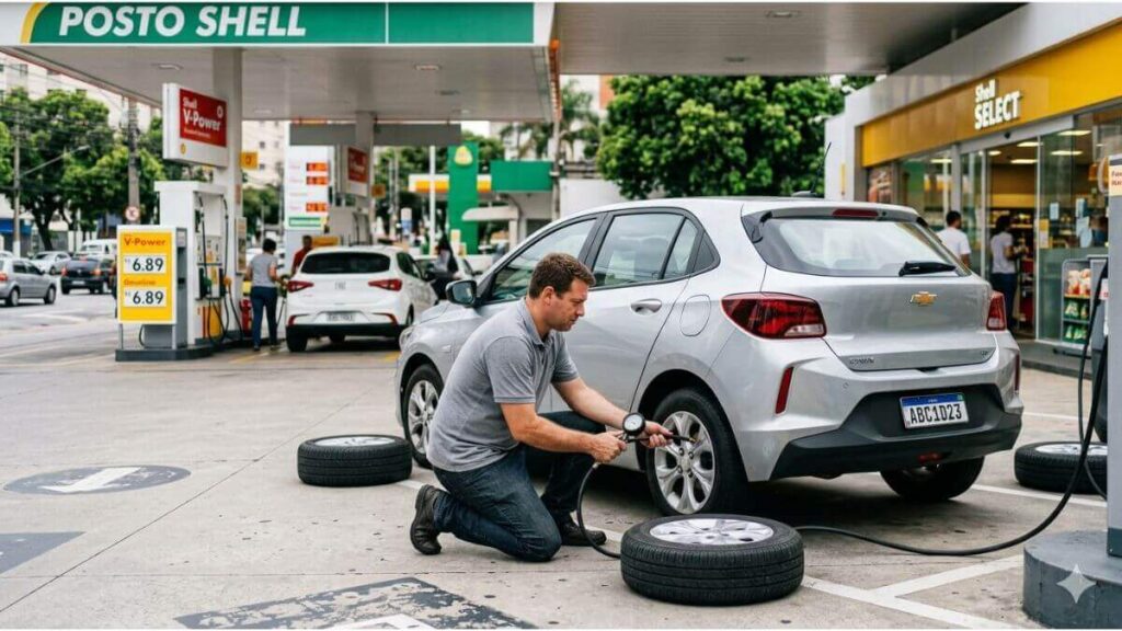 Homem com uniforme casual da Chevrolet ajoelhado em um posto de combustível, focado em calibrar o pneu traseiro de um Chevrolet Onix prata moderno com um calibrador manual de ar.