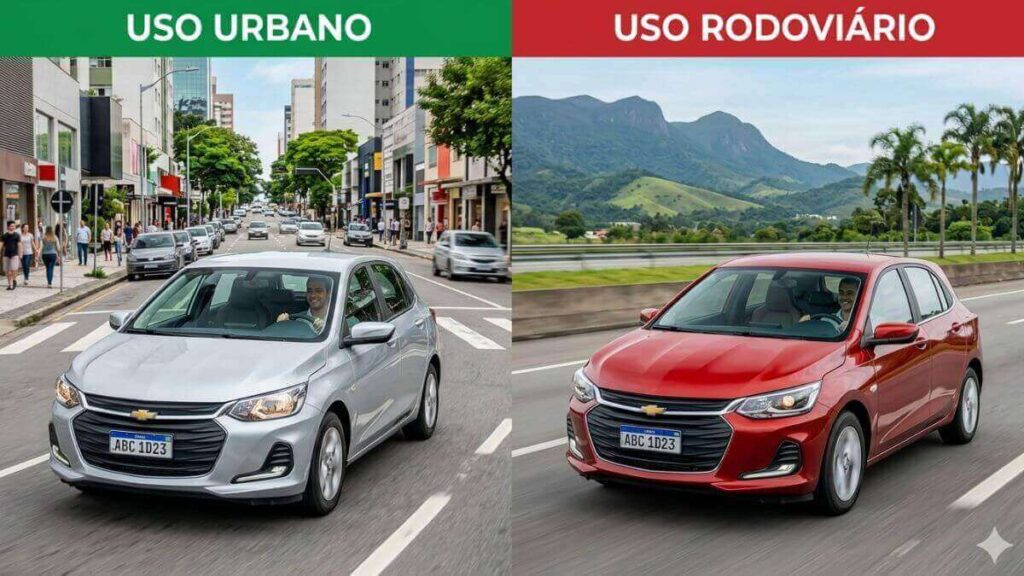 Imagem comparativa lado a lado mostrando um Chevrolet Onix prata rodando na cidade (uso urbano) e um Onix vermelho na estrada (uso rodoviário) com a legenda "Urbano vs Rodoviário".