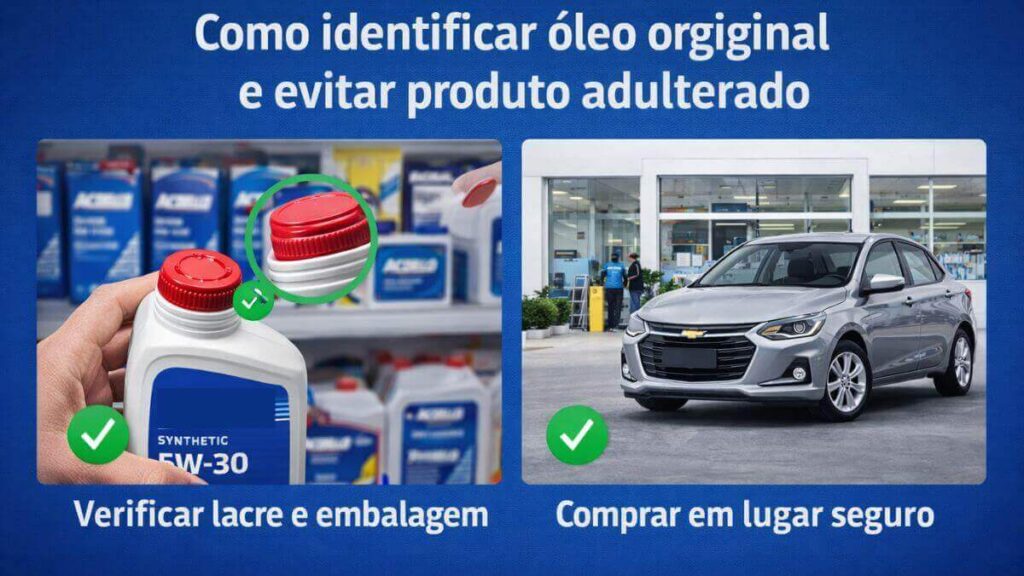 Imagem explicativa mostrando como identificar óleo original verificando lacre e embalagem e comprando em lugar seguro